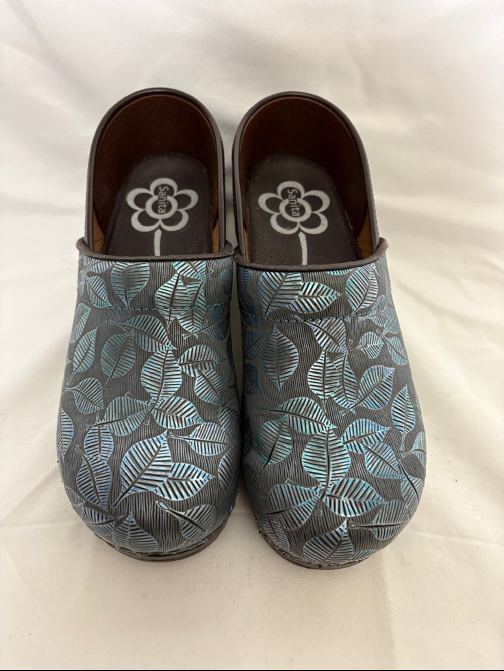 Sanita Gray Clogs with Light Blue Leaf Pattern